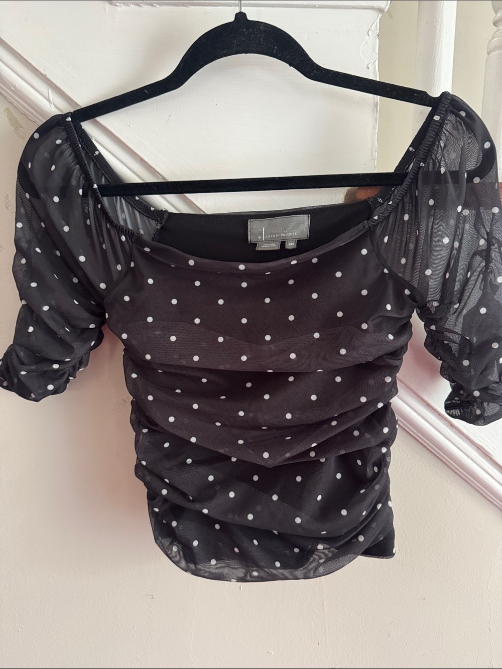 Black Polka Dot Sheer Ruched Puff Sleeve Blouse